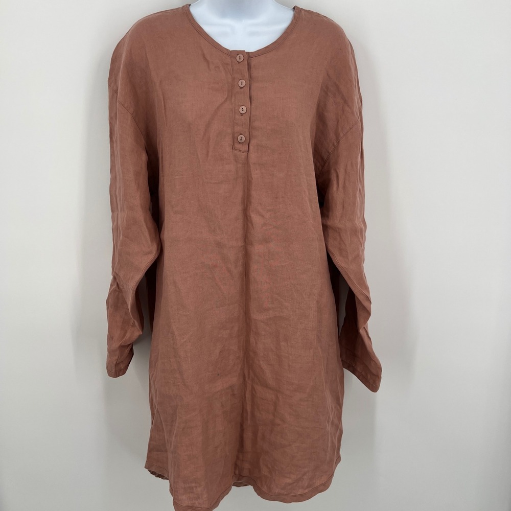 Parachute 100% Linen Henley House Shirt Dress Size L Clay Pinkish Brown Travel - Picture 4 of 9